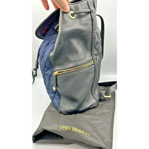VERA BRADLEY Genuine Black Leather & Navy Denim Backpack - Perfect Condition - Picture 2 of 14